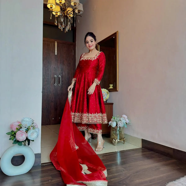 Party Wear Pure Vichitra Silk Anarkali Gown & Palazzo with Dupatta